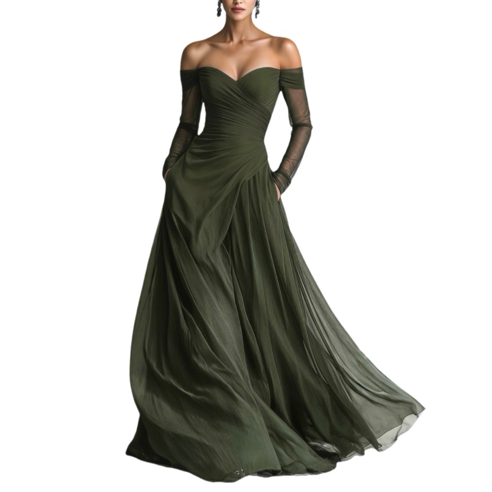 Green Long Sleeve Off The Shoulder Dress Gown Flowy Ruched NWT Size 16W